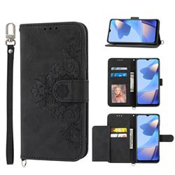 Skin Feel Embossed Lace Flower Multiple Card Slots Leather Wallet Phone Case for Samsung Galaxy A22 5G - Black