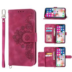 Skin Feel Embossed Lace Flower Multiple Card Slots Leather Wallet Phone Case for Samsung Galaxy A22 5G(Japan, SC-56B) - Claret Red