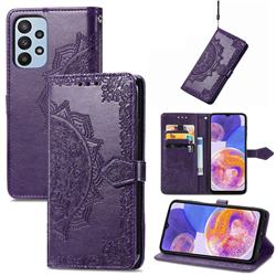Embossing Imprint Mandala Flower Leather Wallet Case for Samsung Galaxy A23 - Purple