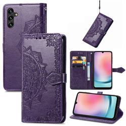 Embossing Imprint Mandala Flower Leather Wallet Case for Samsung Galaxy A24 4G - Purple