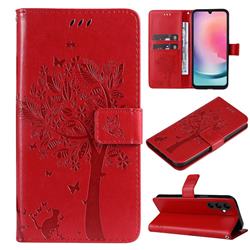 Embossing Butterfly Tree Leather Wallet Case for Samsung Galaxy A25 5G - Red