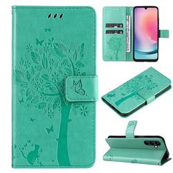 Embossing Butterfly Tree Leather Wallet Case for Samsung Galaxy A25 5G - Cyan