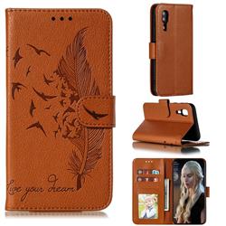 Intricate Embossing Lychee Feather Bird Leather Wallet Case for Samsung Galaxy A2 Core - Brown