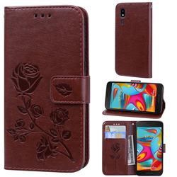 Embossing Rose Flower Leather Wallet Case for Samsung Galaxy A2 Core - Brown