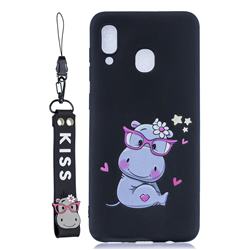 Black Flower Hippo Soft Kiss Candy Hand Strap Silicone Case for Samsung Galaxy A30