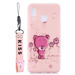 Pink Flower Bear Soft Kiss Candy Hand Strap Silicone Case for Samsung Galaxy A30