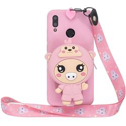 Pink Pig Neck Lanyard Zipper Wallet Silicone Case for Samsung Galaxy A30