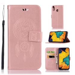 Intricate Embossing Owl Campanula Leather Wallet Case for Samsung Galaxy A30 - Rose Gold