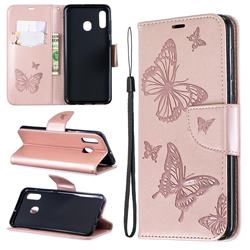 Embossing Double Butterfly Leather Wallet Case for Samsung Galaxy A30 - Rose Gold