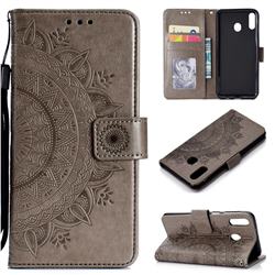 Intricate Embossing Datura Leather Wallet Case for Samsung Galaxy A30 - Gray