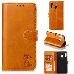 Embossing Happy Cat Leather Wallet Case for Samsung Galaxy A30 - Yellow