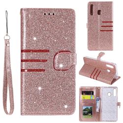 Retro Stitching Glitter Leather Wallet Phone Case for Samsung Galaxy A30 - Rose Gold