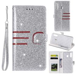 Retro Stitching Glitter Leather Wallet Phone Case for Samsung Galaxy A30 - Silver