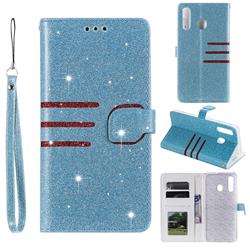 Retro Stitching Glitter Leather Wallet Phone Case for Samsung Galaxy A30 - Blue