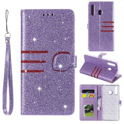 Retro Stitching Glitter Leather Wallet Phone Case for Samsung Galaxy A30 - Purple