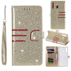 Retro Stitching Glitter Leather Wallet Phone Case for Samsung Galaxy A30 - Golden