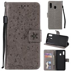 Embossing Cherry Blossom Cat Leather Wallet Case for Samsung Galaxy A30 - Gray