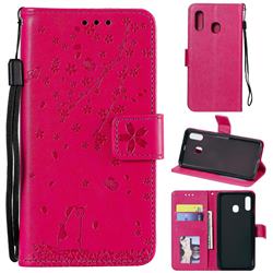 Embossing Cherry Blossom Cat Leather Wallet Case for Samsung Galaxy A30 - Rose