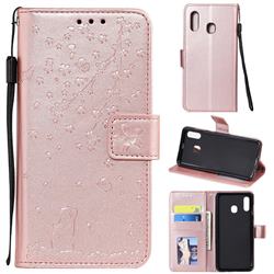 Embossing Cherry Blossom Cat Leather Wallet Case for Samsung Galaxy A30 - Rose Gold