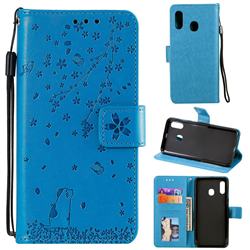 Embossing Cherry Blossom Cat Leather Wallet Case for Samsung Galaxy A30 - Blue