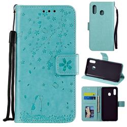 Embossing Cherry Blossom Cat Leather Wallet Case for Samsung Galaxy A30 - Green