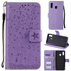 Embossing Cherry Blossom Cat Leather Wallet Case for Samsung Galaxy A30 - Purple