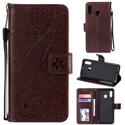 Embossing Cherry Blossom Cat Leather Wallet Case for Samsung Galaxy A30 - Brown
