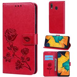 Embossing Rose Flower Leather Wallet Case for Samsung Galaxy A30 - Red