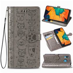 Embossing Dog Paw Kitten and Puppy Leather Wallet Case for Samsung Galaxy A30 - Gray
