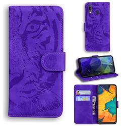 Intricate Embossing Tiger Face Leather Wallet Case for Samsung Galaxy A30 - Purple