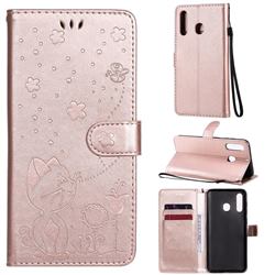 Embossing Bee and Cat Leather Wallet Case for Samsung Galaxy A30 - Rose Gold
