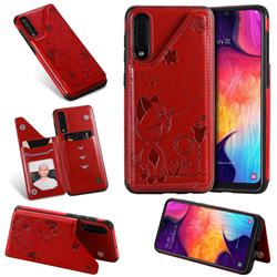 Luxury Bee and Cat Multifunction Magnetic Card Slots Stand Leather Back Cover for Samsung Galaxy A30s - Red
