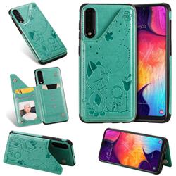 Luxury Bee and Cat Multifunction Magnetic Card Slots Stand Leather Back Cover for Samsung Galaxy A30s - Green