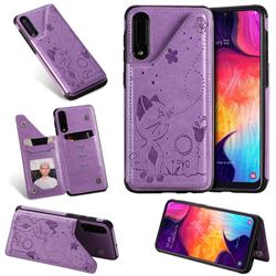 Luxury Bee and Cat Multifunction Magnetic Card Slots Stand Leather Back Cover for Samsung Galaxy A30s - Purple