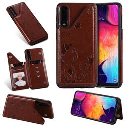 Luxury Bee and Cat Multifunction Magnetic Card Slots Stand Leather Back Cover for Samsung Galaxy A30s - Brown