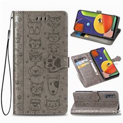 Embossing Dog Paw Kitten and Puppy Leather Wallet Case for Samsung Galaxy A30s - Gray