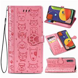Embossing Dog Paw Kitten and Puppy Leather Wallet Case for Samsung Galaxy A30s - Pink