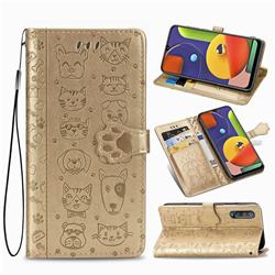 Embossing Dog Paw Kitten and Puppy Leather Wallet Case for Samsung Galaxy A30s - Champagne Gold