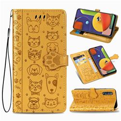 Embossing Dog Paw Kitten and Puppy Leather Wallet Case for Samsung Galaxy A30s - Yellow
