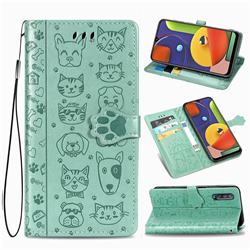 Embossing Dog Paw Kitten and Puppy Leather Wallet Case for Samsung Galaxy A30s - Green