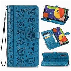 Embossing Dog Paw Kitten and Puppy Leather Wallet Case for Samsung Galaxy A30s - Blue