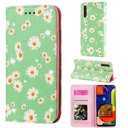 Ultra Slim Daisy Sparkle Glitter Powder Magnetic Leather Wallet Case for Samsung Galaxy A30s - Green