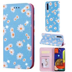 Ultra Slim Daisy Sparkle Glitter Powder Magnetic Leather Wallet Case for Samsung Galaxy A30s - Blue