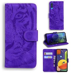 Intricate Embossing Tiger Face Leather Wallet Case for Samsung Galaxy A30s - Purple
