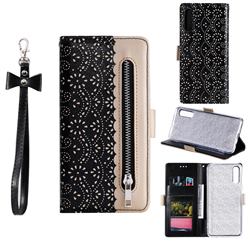 Luxury Lace Zipper Stitching Leather Phone Wallet Case for Samsung Galaxy A30s - Black