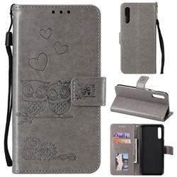 Embossing Owl Couple Flower Leather Wallet Case for Samsung Galaxy A30s - Gray