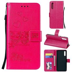 Embossing Owl Couple Flower Leather Wallet Case for Samsung Galaxy A30s - Red