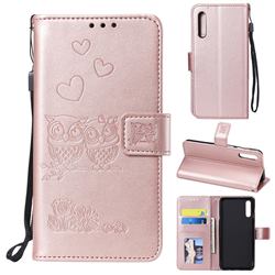 Embossing Owl Couple Flower Leather Wallet Case for Samsung Galaxy A30s - Rose Gold