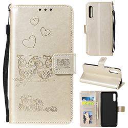 Embossing Owl Couple Flower Leather Wallet Case for Samsung Galaxy A30s - Golden