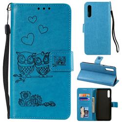 Embossing Owl Couple Flower Leather Wallet Case for Samsung Galaxy A30s - Blue